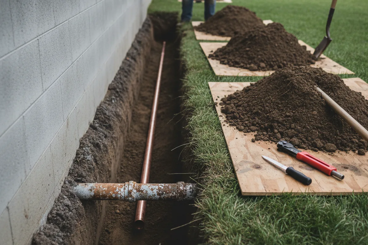 Excavated water line trench during Water Heater Repair in Franklin Lakes